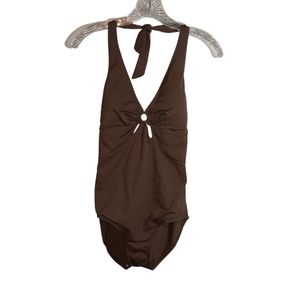 NWT Islander Halter Peek A Boo One Piece Swim Suit Bathing Suit Brown 12